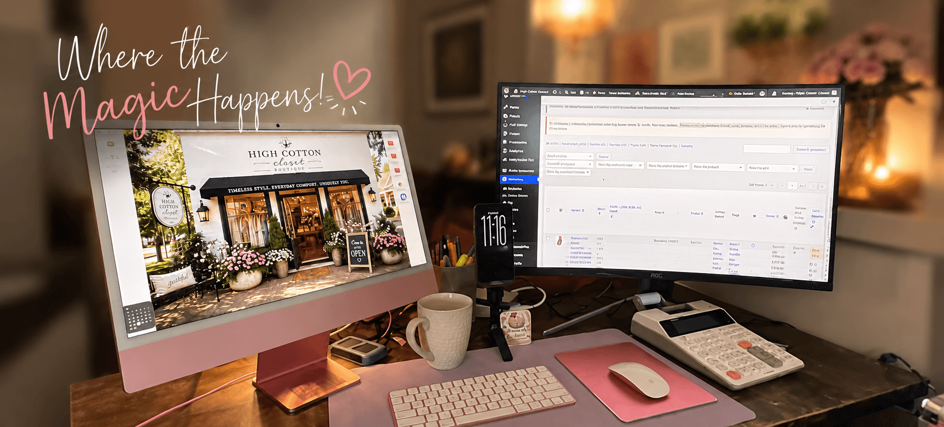 Two computer monitors on a desk, one displaying a website and the other a spreadsheet, with a mug, keyboard, and mouse in front.