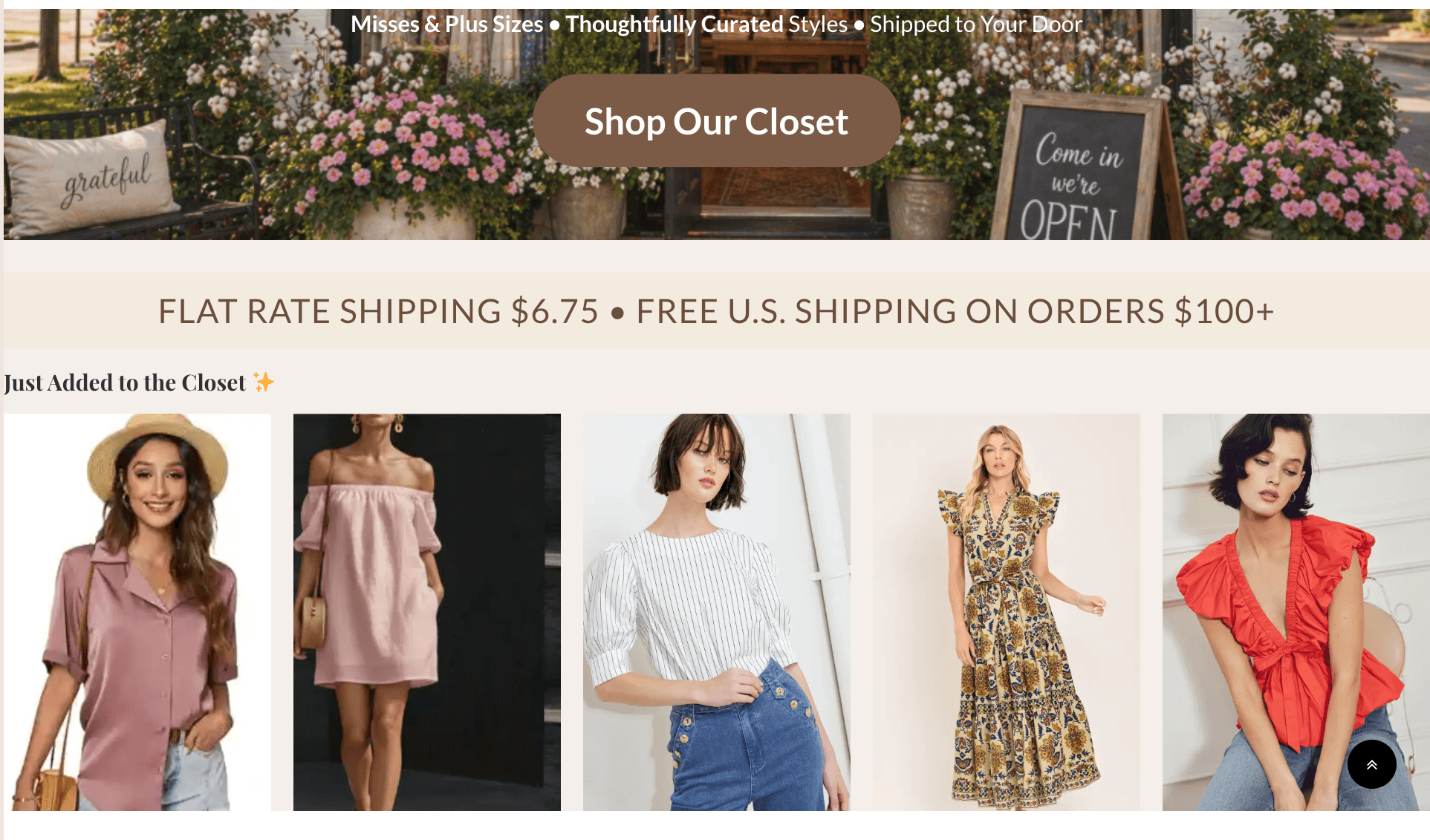 Online clothing store homepage with floral background, shop button, and five models wearing different outfits.