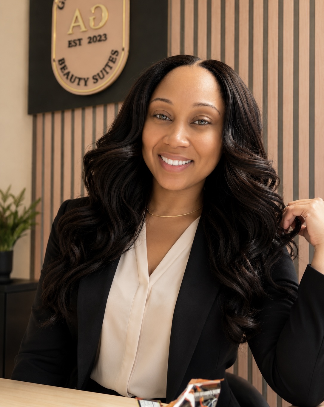 Smiling woman with long dark hair in a black blazer and white blouse, sitting indoors with a striped wall background.