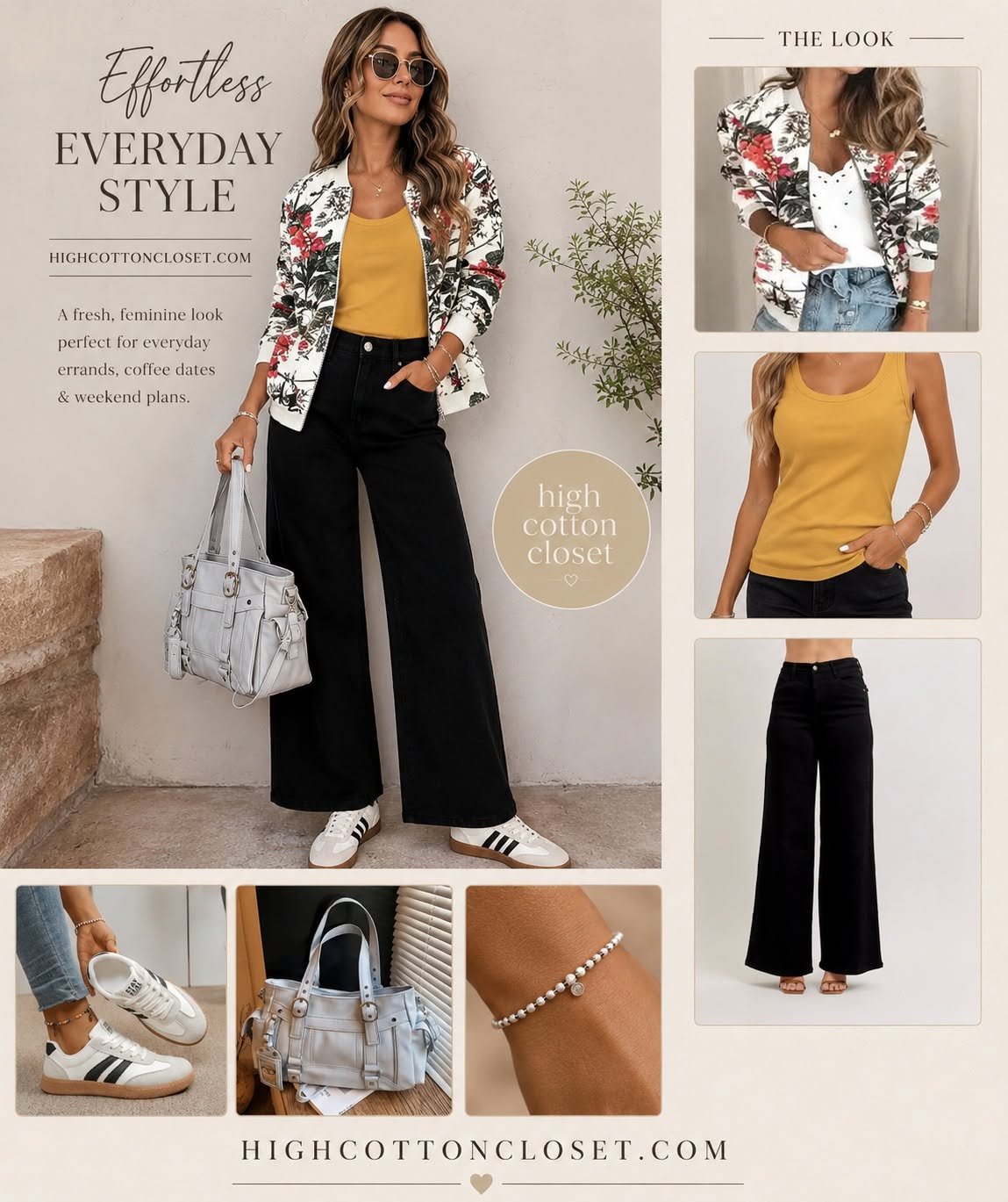 Woman in sunglasses, floral blazer, yellow top, black wide-leg pants, holding a white bag, standing outdoors. Additional images show close-ups of shoes, bag, pearl bracelet, and outfit details.