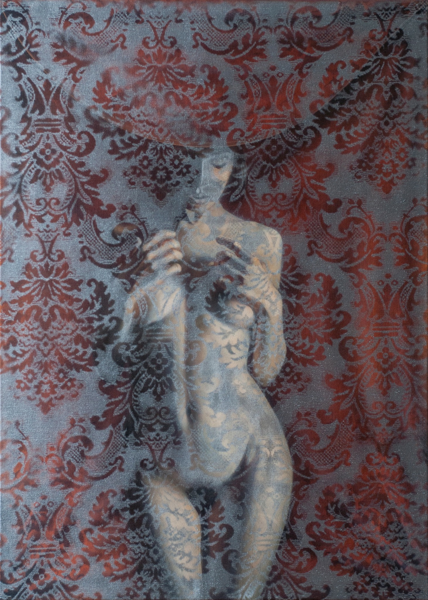 Statue of a nude woman holding a finger to her lips, standing against a patterned background.