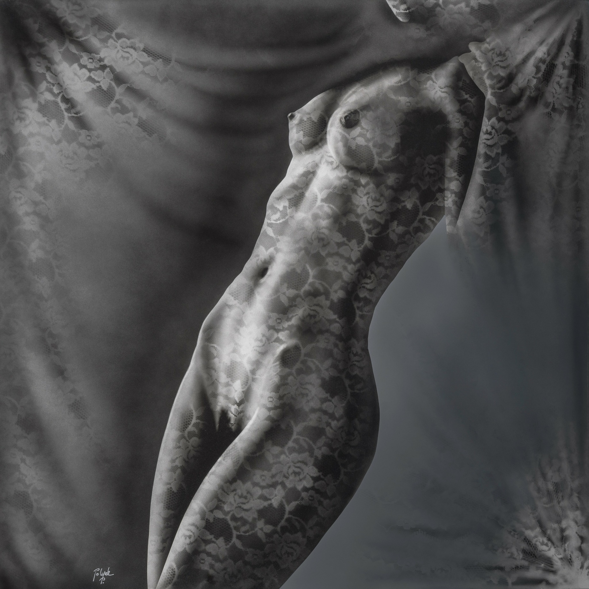 Close-up of a person's torso and arm, with a textured pattern overlay, against a draped fabric background.