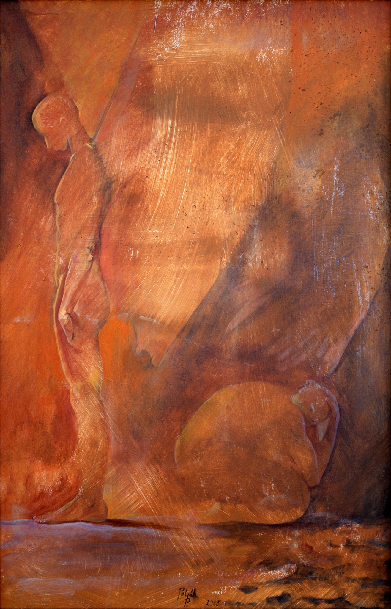 Abstract painting with warm earthy tones, featuring shapes and textures resembling a landscape or natural scene.