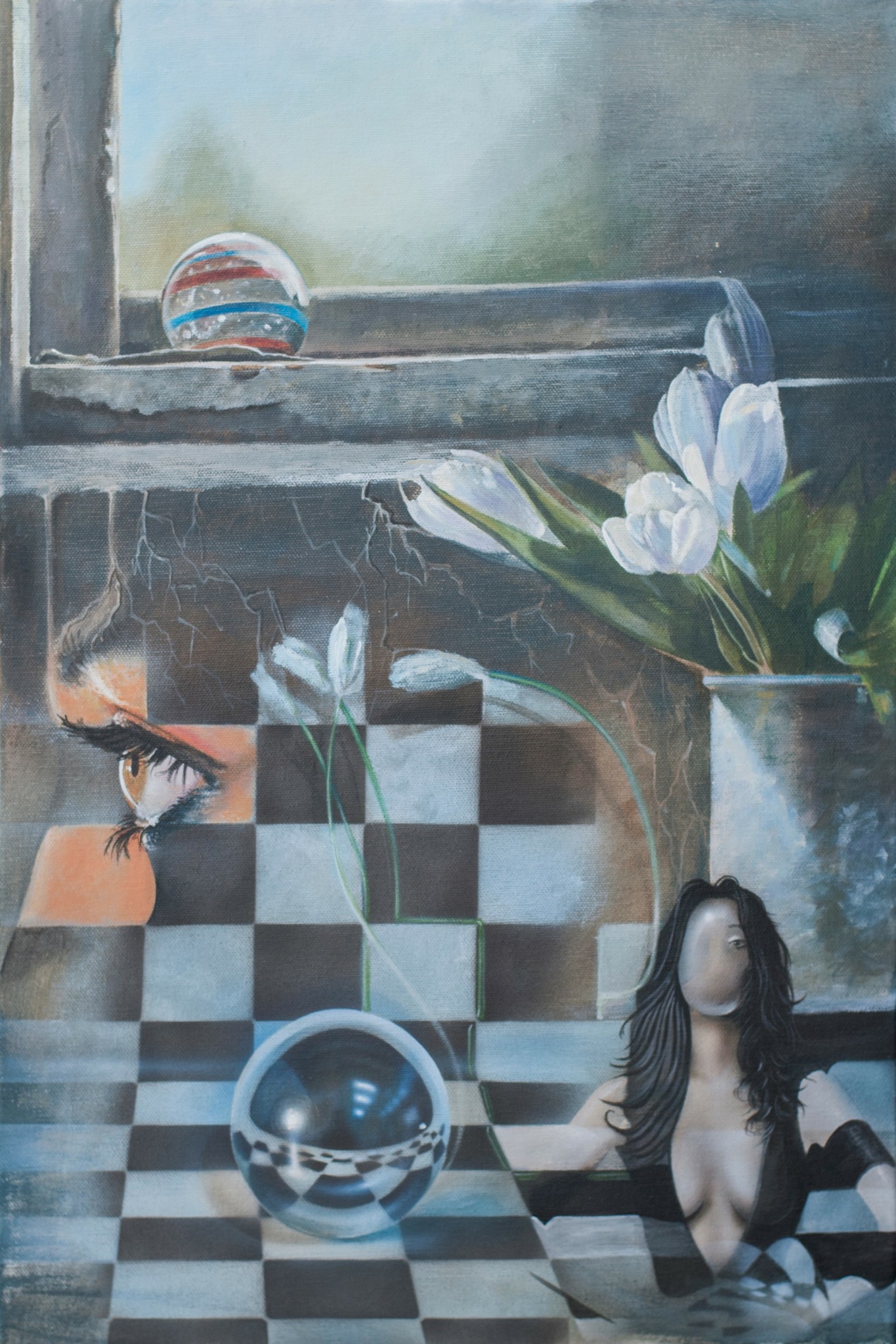 A painting featuring a checkered pattern, a glass sphere, a white flower, and a woman with long dark hair sitting topless.