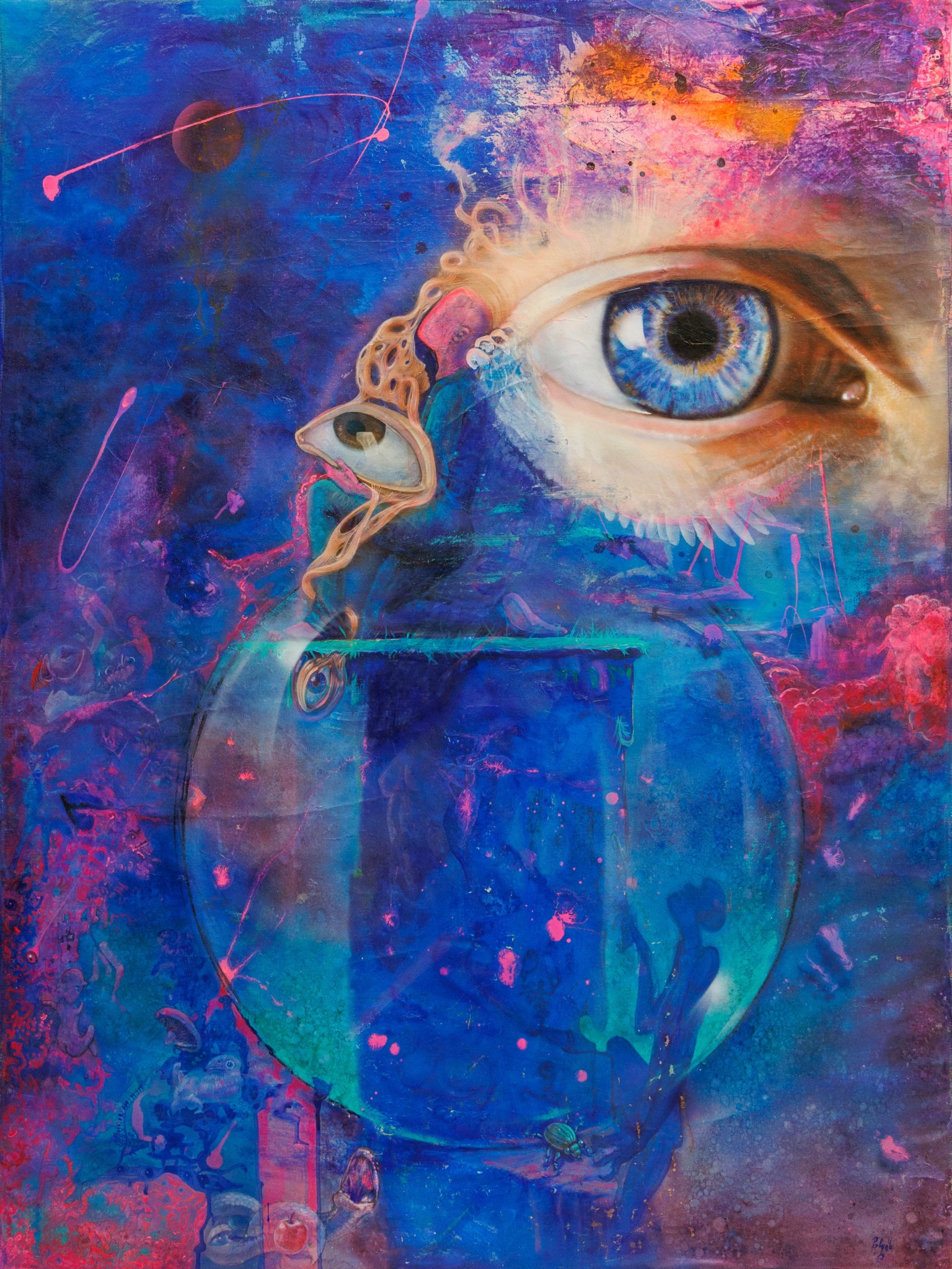 A surreal painting features a large eye with a blue iris, surrounded by vibrant pink, purple, and blue abstract background.