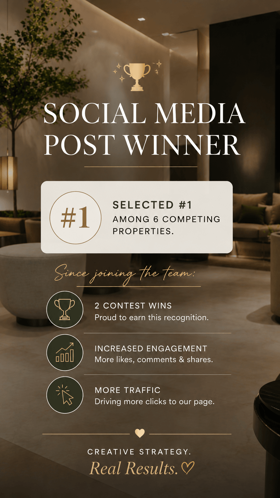 Award trophy icon with text about social media post winner, contest wins, engagement, traffic, and strategy, on a dark background.