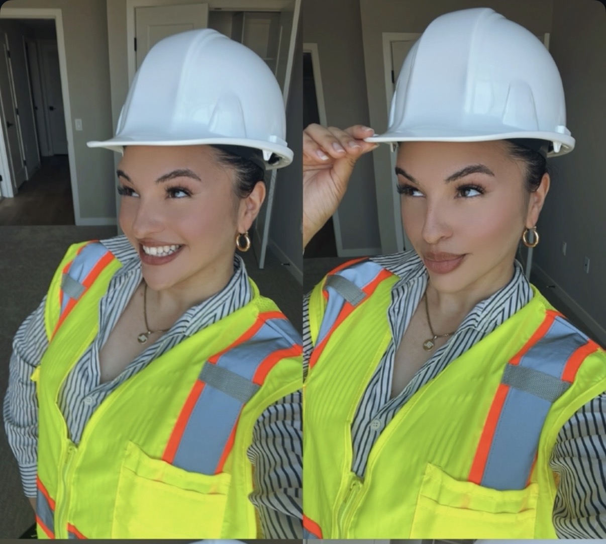 Two women in safety vests and white hard hats, smiling and posing indoors.