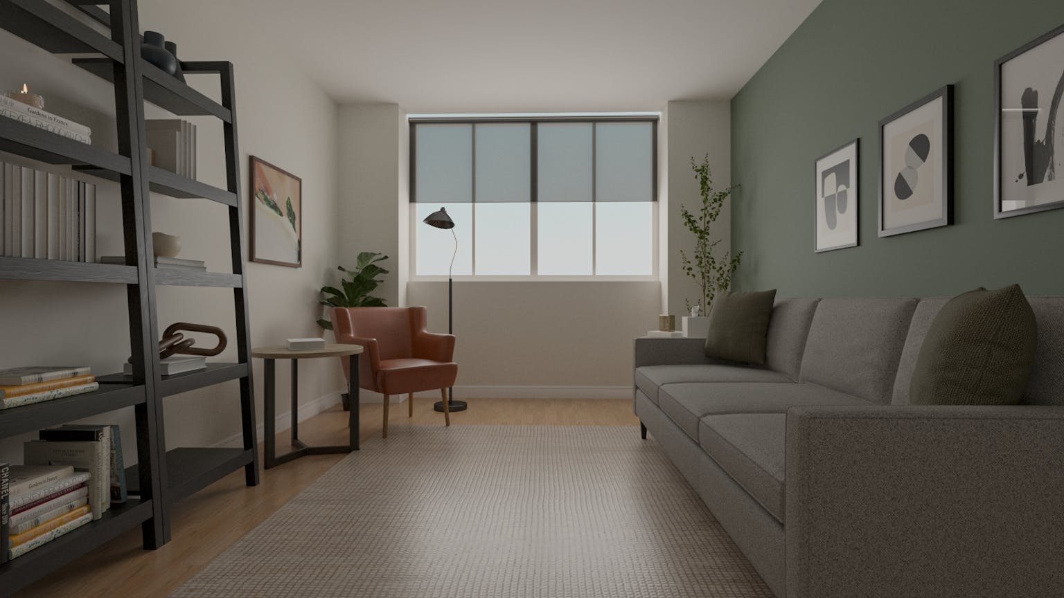 Living room with gray sofa, armchair, bookshelf, window, and wall art, decorated in neutral tones.