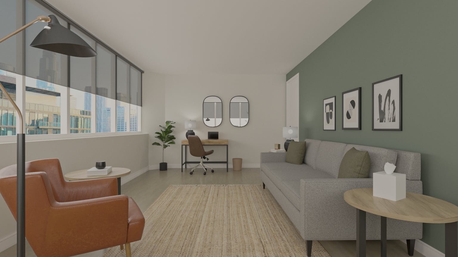 Living room with large window, sofa, armchair, desk, and wall art, in neutral tones and natural light.