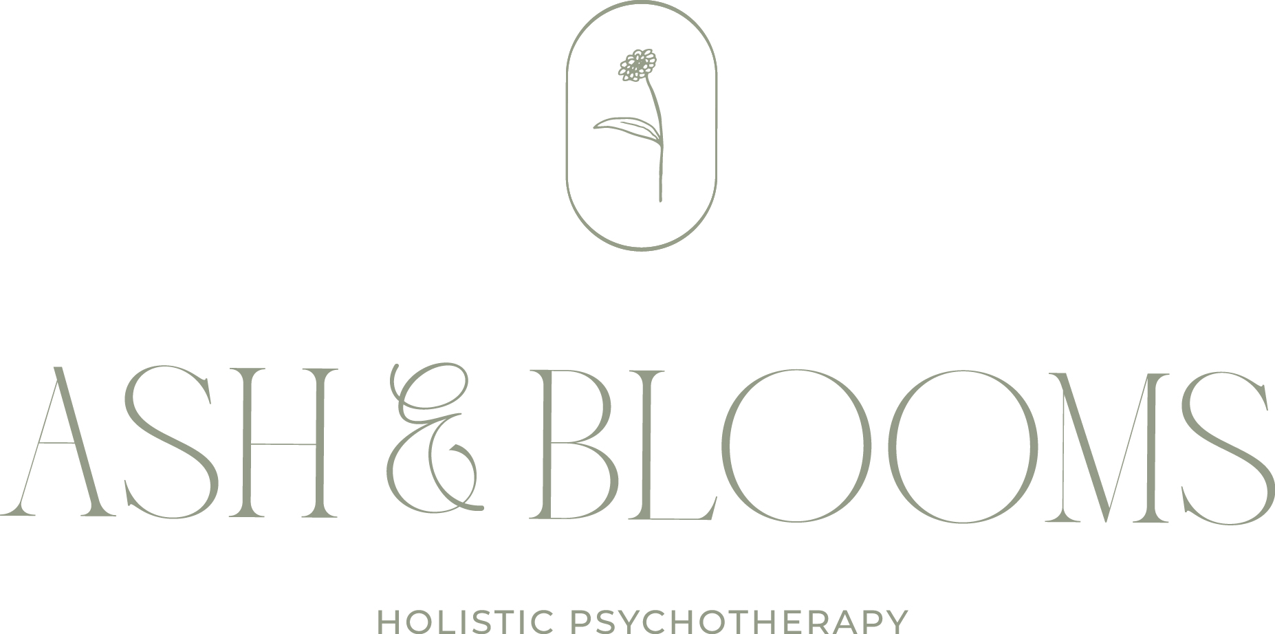 Logo with a simple flower illustration above the text 'ASH & BLOOMS' and 'HOLISTIC PSYCHOTHERAPY' below.