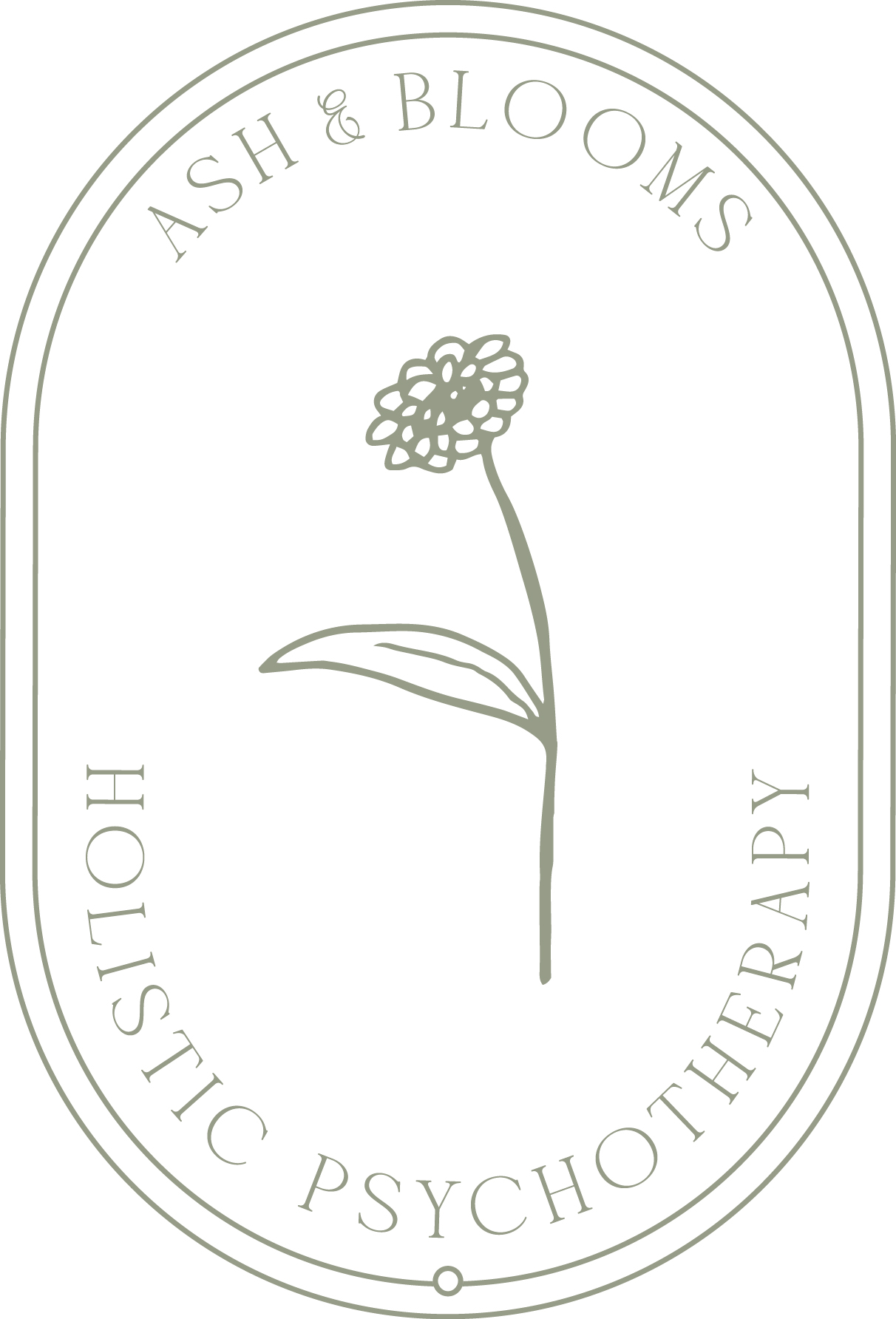 Logo with a flower illustration surrounded by text: 'Ash & Blooms Holistic Psychotherapy' in an oval shape.