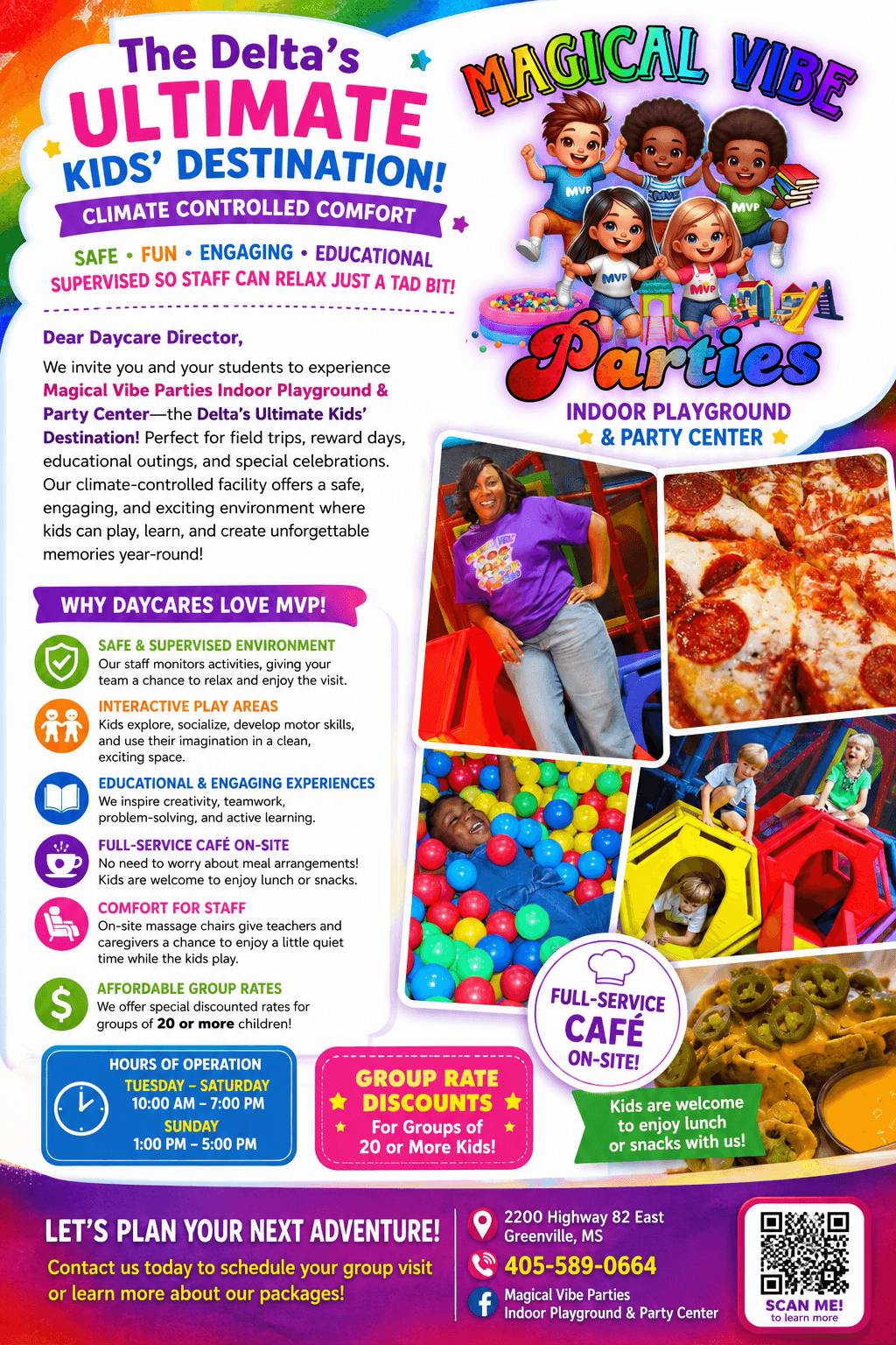 Colorful poster advertising Delta's Ultimate Kids' Destination with indoor playground, party center, and ball pit, featuring children playing.