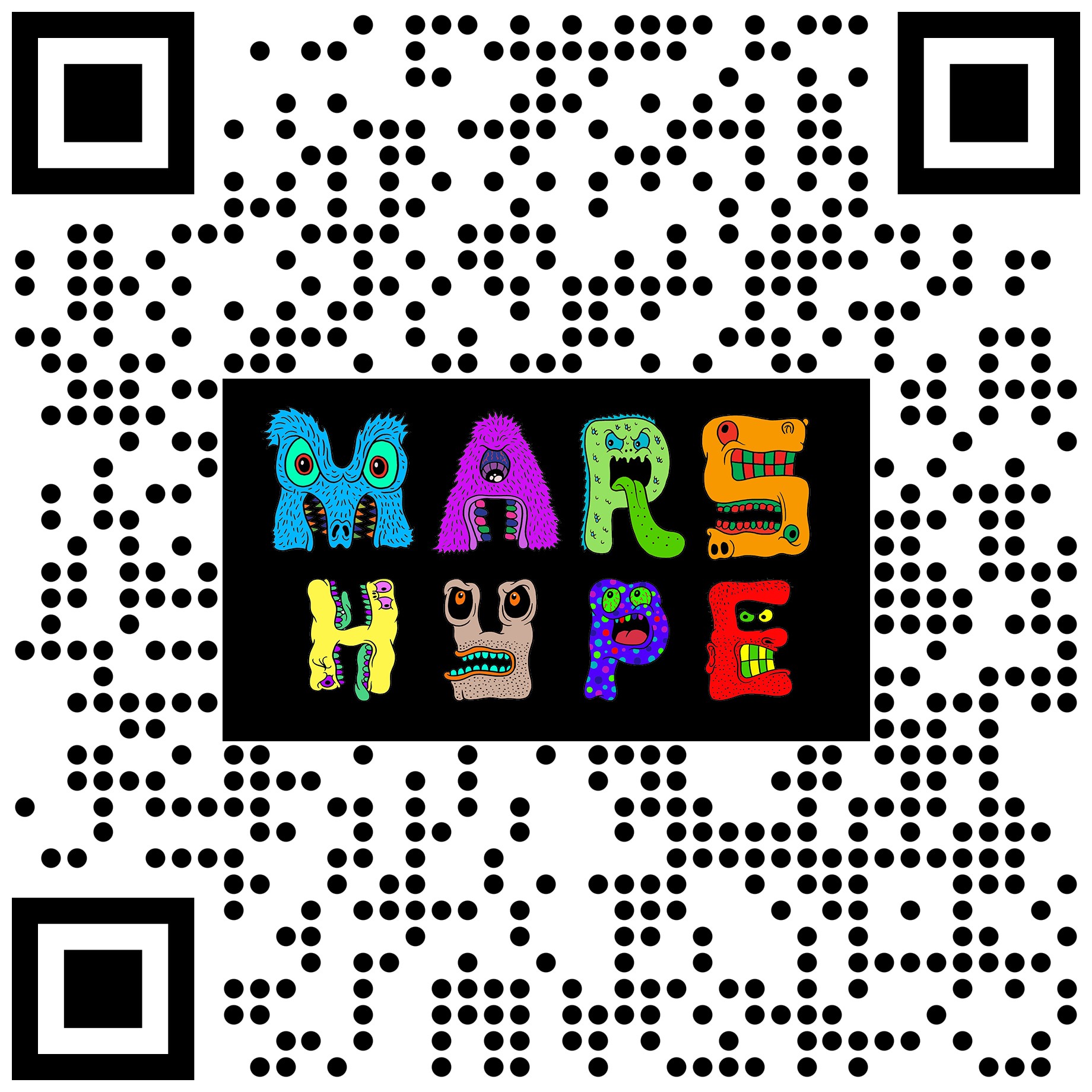 Colorful letters spell 'MARS HOPE' with decorative designs, on a black background, surrounded by a QR code.