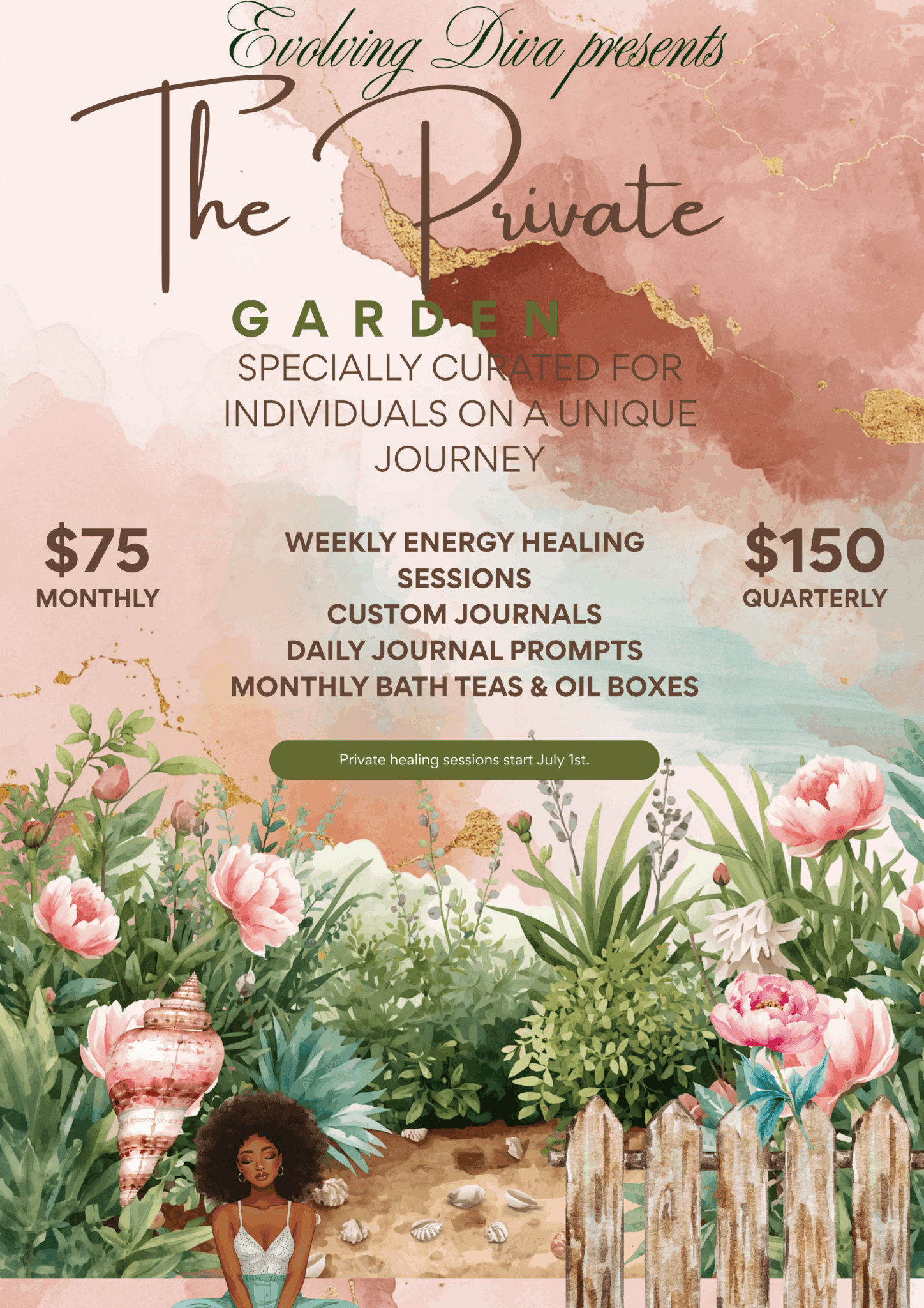 Floral garden with pink flowers, green plants, and a woman with curly hair sitting among the flowers, with text about a private garden event.
