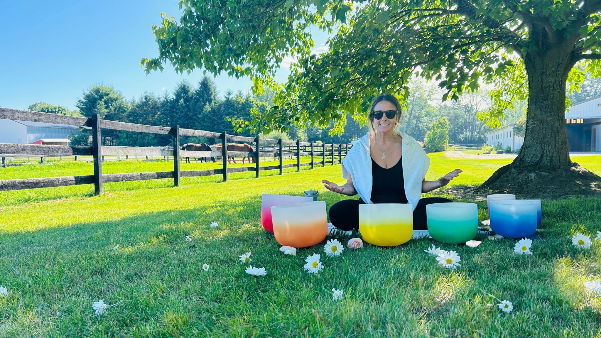 Person sitting on grass under a tree with colorful singing bowls and white flowers, sunny day, fence in background.